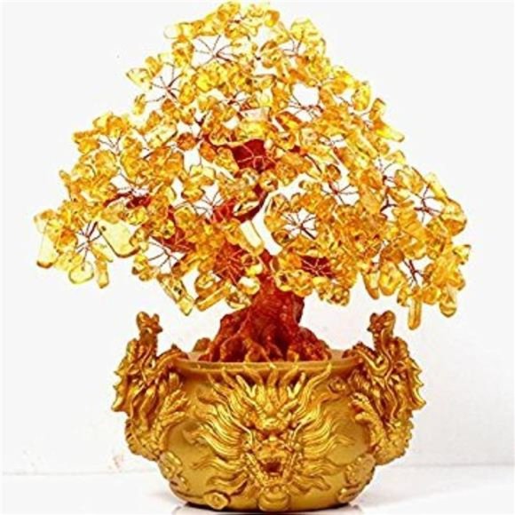 Citrine/Yellow Crytal Money Tree with Chinese Dragon Pots - Picture 1 of 6